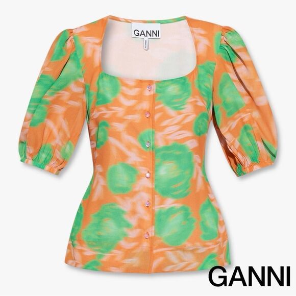 GANNI **NWT** Button-Up Puff Sleeve Crepe Blouse Vibrant Orange / Green Floral - Picture 14 of 16